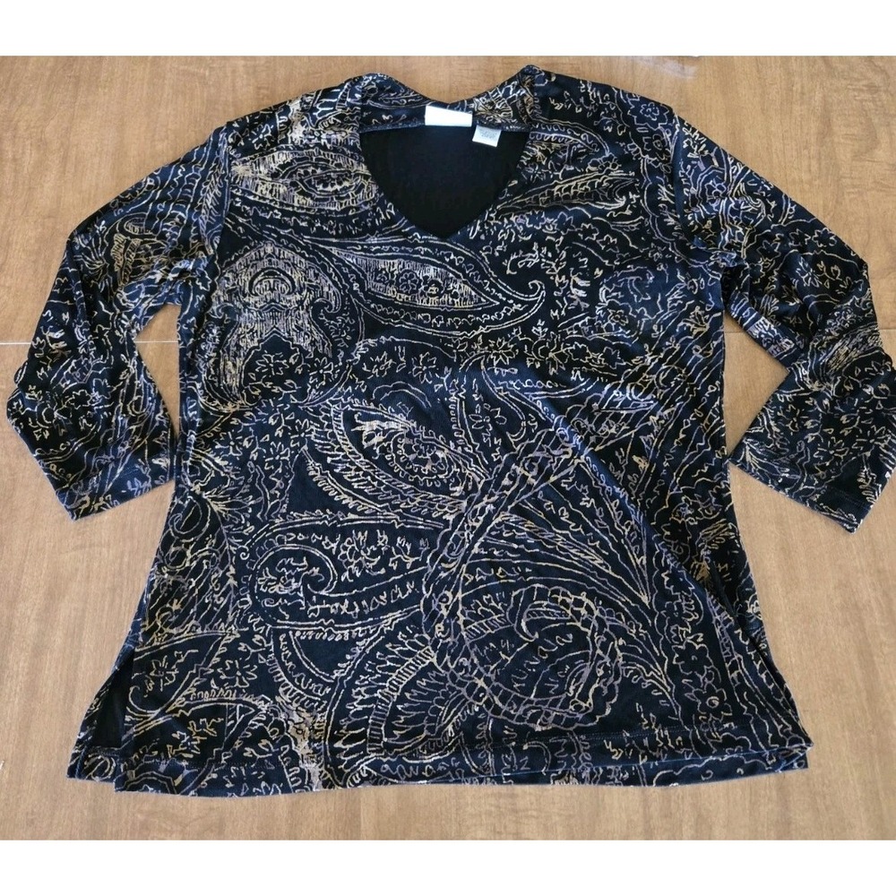 Chico's Travelers L Slinky Stretch Gold Sparkle Black Shirt Chicos Size 2 Large